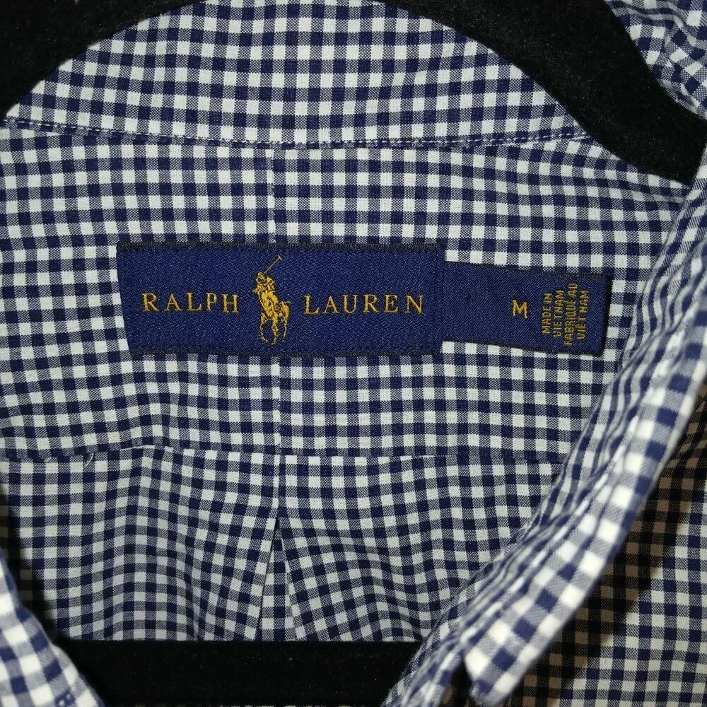 MENS RALPH LAUREN LONG SLEEVE BUTTON DOWN, NAVY AND WHITE CHECKED, SIZE MED - Picture 3 of 5
